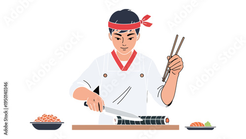 Sushi Chef Crafting: A skilled chef expertly prepares a sushi roll, demonstrating the art of Japanese cuisine with precision and finesse.