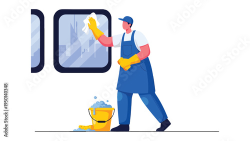 Window Cleaning with a Smile: A dedicated cleaning service professional in gloves diligently wipes the windows, creating a pristine and welcoming atmosphere.