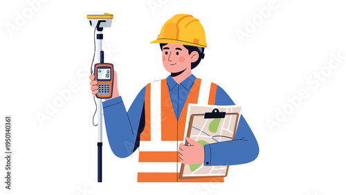 Surveyor at Work: A diligent surveyor, complete with protective equipment, focuses on accurate measurements while using surveying tools. 