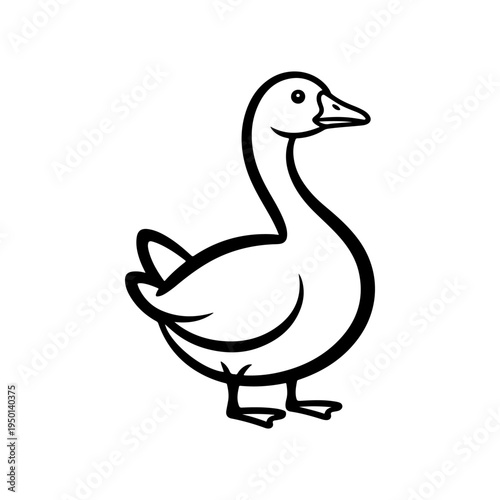 A black and white vector line art illustration of a domestic goose standing. This clean, minimalist waterfowl silhouette is ideal for farm-themed logos and icons.