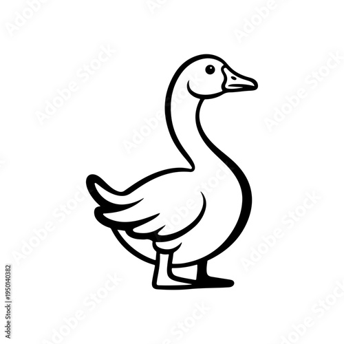 A black and white vector line art illustration of a domestic goose standing. This clean, minimalist waterfowl silhouette is ideal for farm-themed logos and icons.