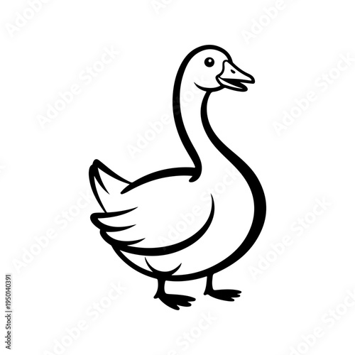 A black and white vector line art illustration of a domestic goose standing. This clean, minimalist waterfowl silhouette is ideal for farm-themed logos and icons.