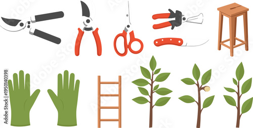Gardening Tools and Equipment Set with Pruning Shears, Gloves, Ladder, Knife, and Tree Maintenance for Outdoor Care