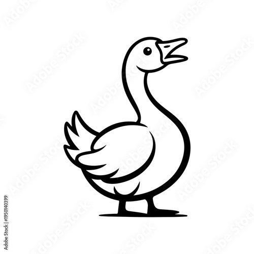 A black and white vector line art illustration of a domestic goose standing. This clean, minimalist waterfowl silhouette is ideal for farm-themed logos and icons.