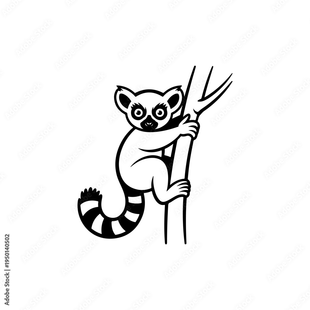 Obraz premium A black and white vector illustration of a cute lemur climbing a branch. This clean, minimalist cartoon animal silhouette is ideal for nature icons and mascot logos.