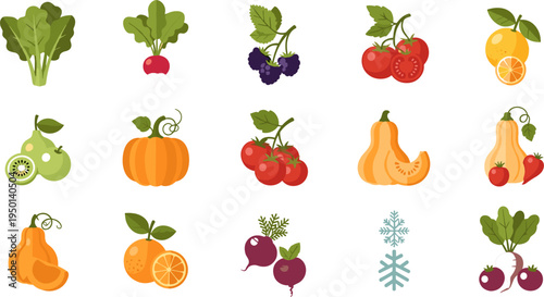 Fresh Fruits and Vegetables Set with Tomatoes, Pumpkins, Oranges, Pears, and Radishes for Healthy Eating and Organic Farming