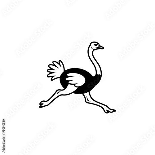 A black and white vector illustration of a cartoon ostrich running. A clean, minimalist flightless bird silhouette perfect for sports, travel, and wildlife branding.