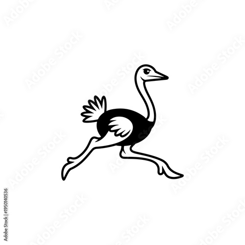A black and white vector illustration of a cartoon ostrich running. A clean, minimalist flightless bird silhouette perfect for sports, travel, and wildlife branding.