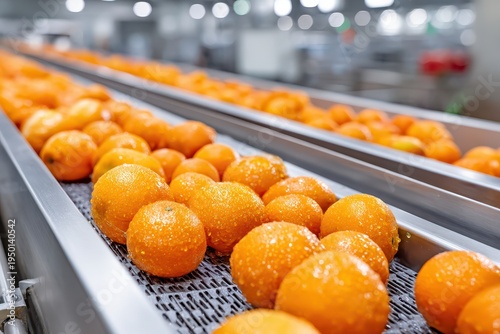 Freshly harvested oranges being processed on a conveyor belt in a modern factory, showcasing the efficiency and cleanliness of the food industry, ready for packaging.