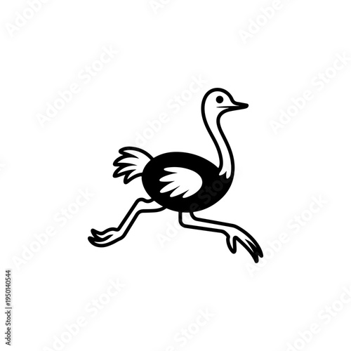 A black and white vector illustration of a cartoon ostrich running. A clean, minimalist flightless bird silhouette perfect for sports, travel, and wildlife branding.