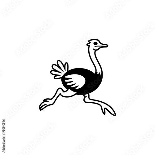 A black and white vector illustration of a cartoon ostrich running. A clean, minimalist flightless bird silhouette perfect for sports, travel, and wildlife branding.