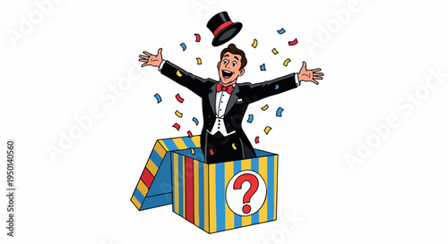 A magician emerging from a colorful question mark box with confetti, wearing a black top hat and suit.