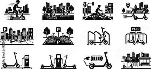 Professional Electric Scooter and Urban Micro-mobility Icon Set Featuring E-scooter Rental Stations City Commuting Parking and Smart Transportation Silhouettes