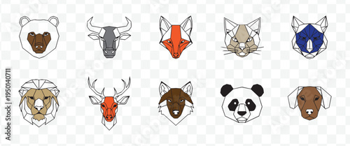 Geometric Animal Faces Vector Set. Modern Polygonal Wildlife and Pet Heads Bear, Fox, Lion, Panda, Deer, Dog, Bull, Cat Icons.