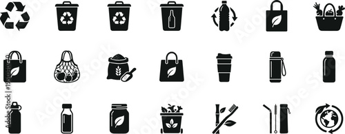 Professional Zero Waste and Sustainable Living Icon Set Featuring Recycling Bins Reusable Bags Water Bottles Bamboo Toothbrush and Eco-friendly Essentials