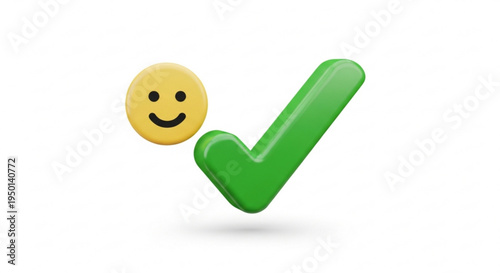 Smiling yellow emoji with green checkmark on white background symbolizing approval and happiness