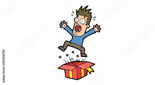Cartoon man jumping out of a colorful gift box with a surprised expression on a plain white background.