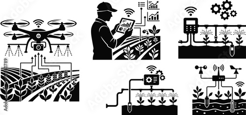 Professional Smart Agriculture and Precision Farming Icon Set Featuring Agricultural Drones Irrigation Systems Remote Monitoring and Automated Crop Management Silhouettes
