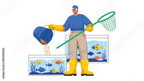 Caring for Underwater Companions: A dedicated individual tends to the needs of aquatic life, providing sustenance and maintaining their vibrant, underwater homes.