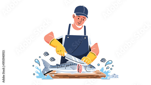 Precision in Preparation: An artisan skillfully fillets a freshly caught fish with a gleaming knife on a wooden board. Capturing the dedication and care involved in culinary mastery.