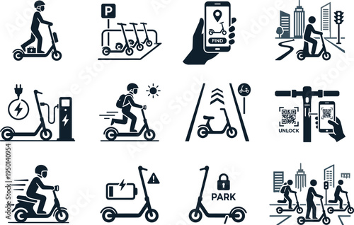 Professional Electric Scooter and Micro-mobility Icon Set Featuring E-scooter Rental Charging Stations QR Code Unlock and Smart City Transportation Silhouettes