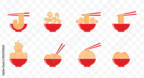 Minimalist Ramen Noodle Bowl Icons and Logos Set. Asian Fast Food Design Elements with Chopsticks