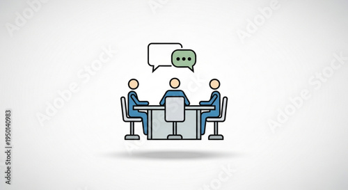 Three business people having a meeting with speech bubbles discussing ideas in a modern office setting with a computer