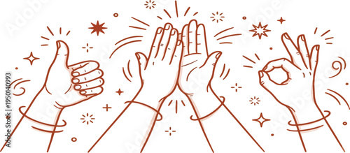 Vector simple linear illustration, hands and gestures, hand drawn illustration, poster, logo, print design template, business cooperation and teamwork concept