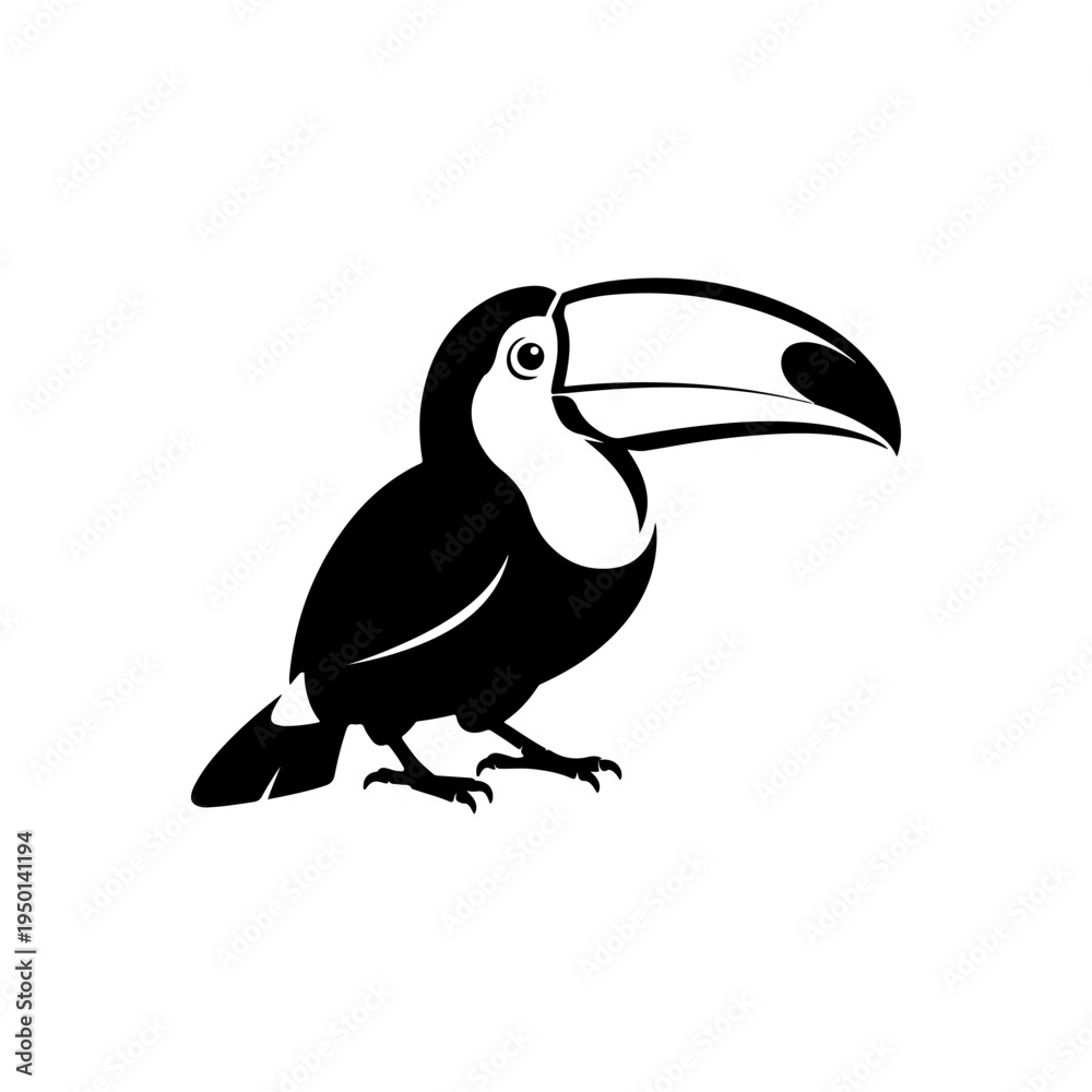 Naklejka premium A black and white vector illustration of a toucan. This clean, minimalist tropical bird silhouette with a large beak is perfect for exotic nature-themed logos and icons.