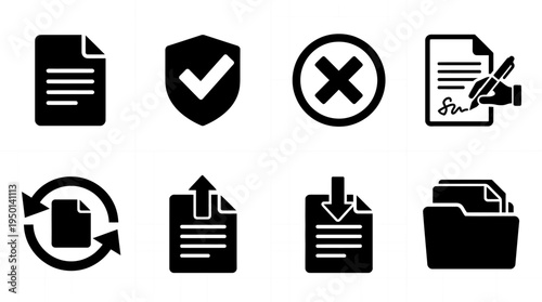 Document Management Vector Illustration – Files, Uploads, Downloads, Signatures, Security, Synchronization, and Organization Icons in Black Silhouette for Digital Workflow and Design Projects