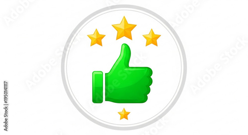 Green thumbs up icon with gold stars rating symbol on white background for approval and feedback