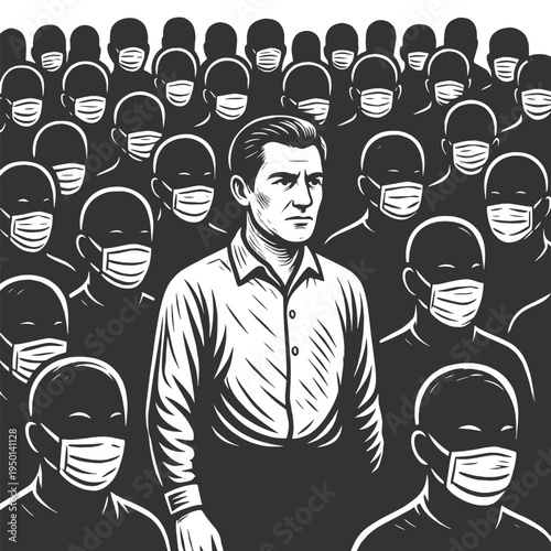 lone man without a mask surrounded by masked people, individuality, social pressure, pandemic society, and isolation sketch engraving generative ai vector illustration. Scratch board. Black and white.