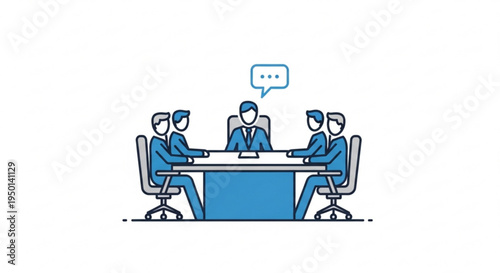 Business team in meeting with leader presenting at office table with speech bubble