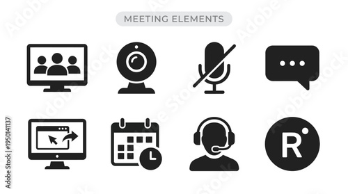 Virtual Meeting Vector Illustration – Video Calls, Webcams, Microphones, Chat, Screen Sharing, Calendars, Headsets, and Recording Icons in Black Silhouette for Communication Design Projects