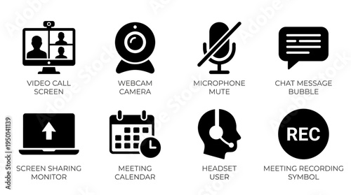 Virtual Meeting Vector Illustration – Video Calls, Webcams, Microphones, Chat, Screen Sharing, Calendars, Headsets, and Recording Icons in Black Silhouette for Communication Design Projects