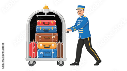 Bellhop and Luggage Cart: A cheerful bellhop strides confidently, steering a cart laden with an assortment of vintage luggage. This scene encapsulates the essence of seamless travel service.