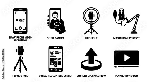 Content Creation Vector Illustration – Smartphones, Cameras, Ring Lights, Microphones, Tripods, Social Media, Uploads, and Play Buttons in Black Silhouette for Digital Media Design Projects