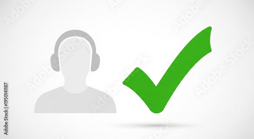 Customer support confirmation icon with headset and green checkmark on white background