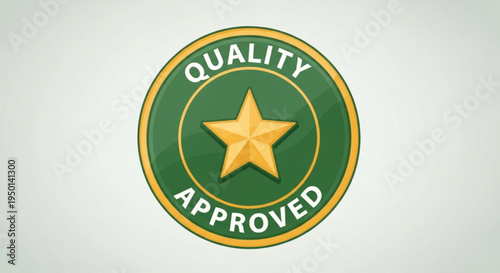 Green and gold quality approved stamp with star symbol on white background indicating excellence and high standard certification