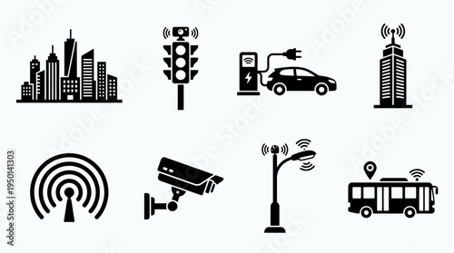 Smart City Vector Illustration – Urban Infrastructure, Traffic Systems, Electric Cars, Smart Buildings, Networks, Security, Lighting, and Public Transport Silhouettes in Black for Design Projects