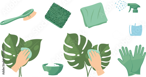 Plant Cleaning and Care Set with Spray Bottle, Gloves, Brushes, and Monstera Leaves for Indoor Plant Maintenance