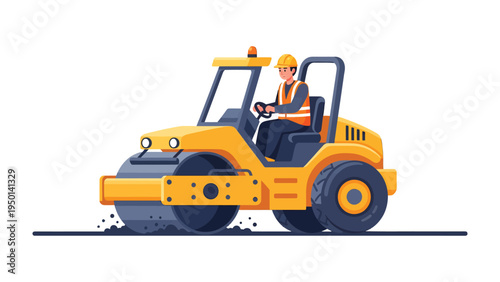 Heavy Roller: A worker operates a heavy roller to compact the asphalt. This illustration captures the essence of construction, roadwork, and infrastructure.