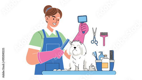 Dog Grooming Salon Scene: A dedicated groomer tending to a fluffy dog, ensuring its coat and appearance are impeccably maintained, showcasing the art and care of pet grooming.