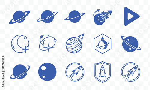 Blue Space Icons Set Planets, Rockets, Stars and Celestial Bodies. Astronomy, Exploration and Science Vector Graphics
