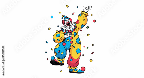 A colorful clown throwing confetti in the air with a joyful expression on a white background.