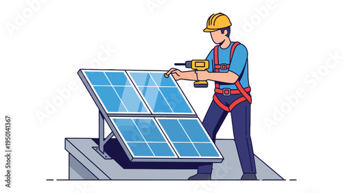 Solar Panel Installation: An industrious worker meticulously installs solar panels on a rooftop, symbolizing the growth of sustainable energy and the pursuit of a greener future.