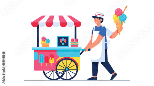 Ice Cream Vendor: A cheerful ice cream vendor pushing a vibrant cart filled with colorful treats, offering a refreshing and delightful experience on a sunny day.