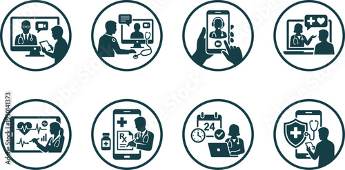 Professional Telemedicine and Digital Healthcare Icon Set Featuring Virtual Doctor Consultation Online Prescription and Remote Medical Monitoring Silhouettes
