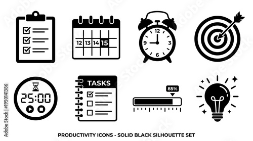 Productivity Icons Vector Illustration – Checklists, Calendars, Clocks, Targets, Timers, Notebooks, Progress Bars, and Light Bulbs in Black Silhouette for Task Management and Design Projects