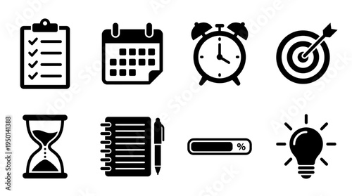 Productivity Icons Vector Illustration – Checklists, Calendars, Clocks, Targets, Timers, Notebooks, Progress Bars, and Light Bulbs in Black Silhouette for Task Management and Design Projects